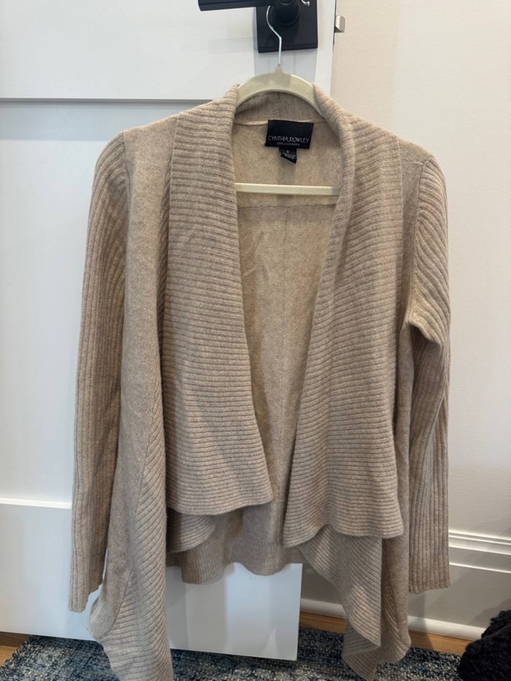Cynthia Rowley Taupe Ribbed Drape Open-Front Cardigan 100% cashmere